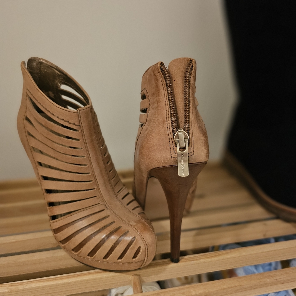BCBG Tan Strappy High Heel Booties